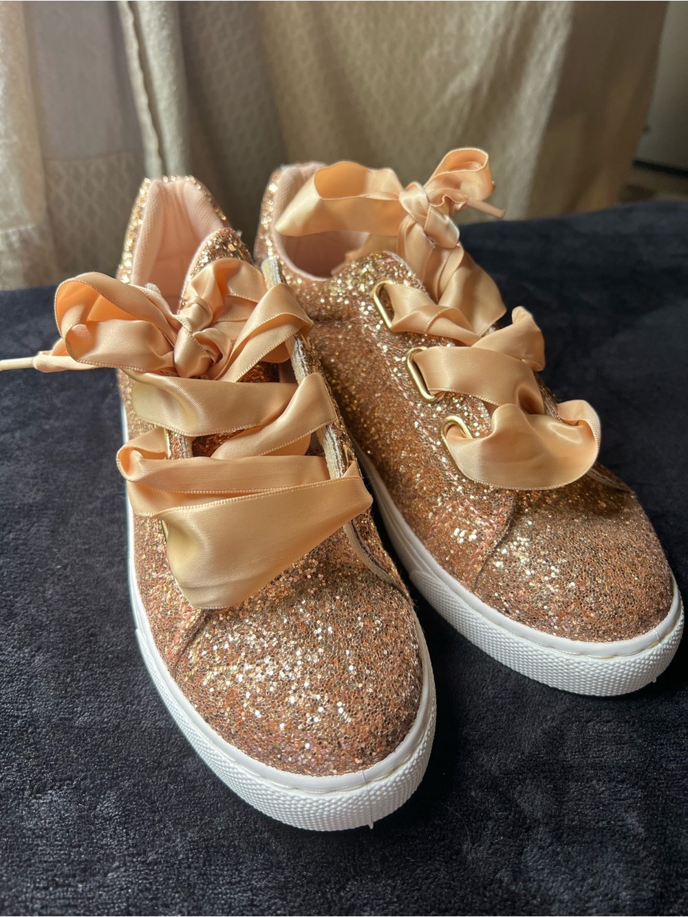 Sparkling Rose Gold Women's Glitter Sneakers with Satin Ribbon Laces
